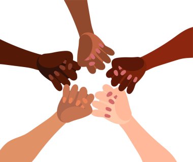 Farklı ten renginde bir grup insanın ellerinin görüntüsü. Çeşitli kalabalık, ırk eşitliği, minimum düz stilde iletişim vektör sanatı.