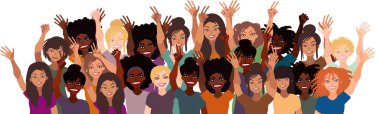 Farklı ırktan mutlu, gülen bir grup kadın birlikte. Düz stil çizimi beyaza izole edilmiş. Feminizm çeşitliliği hoşgörü kız güç kavramı.