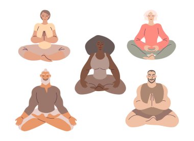 Düz stil çizgi film karakteri. Yoga pozunda meditasyon yapan bir grup insan. Sağlık, refah, egzersiz, stres atma konsepti. Asgari vektör illüstrasyonu.