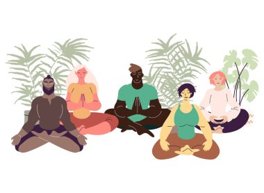 Düz stil çizgi film karakteri. Yoga pozisyonunda meditasyon yapan bir grup insan. Sağlık, refah, egzersiz, stres atma konsepti. Asgari vektör illüstrasyonu.