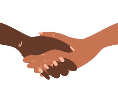 El sıkışma hareketinde farklı ten rengine sahip insanların elleri. Irk eşitliği, feminizm, asgari tarzda hoşgörü sanatı.