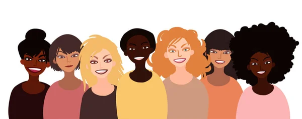 Ομάδα χαρούμενων χαμογελαστών γυναικών διαφορετικής φυλής μαζί. Επίπεδη απεικόνιση στυλ που απομονώνονται σε λευκό. Φεμινισμός διαφορετικότητα ανεκτικότητα κορίτσι δύναμη έννοια. — Διανυσματικό Αρχείο
