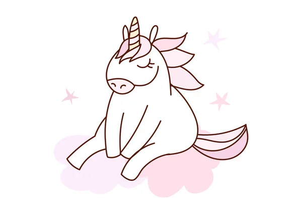 Unicorn tecknad karaktär omgiven av moln och stjärnor hand dras i kawaii stil. Vektorillustration med kontur. Söt flickaktig design för tryck. — Stock vektor