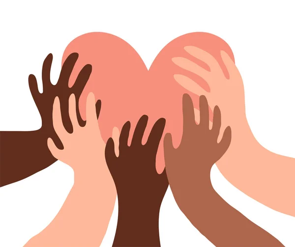 Illustratie van een groep mensenhanden met verschillende huidskleur die samen een hart vasthouden. Diverse menigte, ras gelijkheid, communicatie vector kunst in minimale platte stijl. — Stockvector