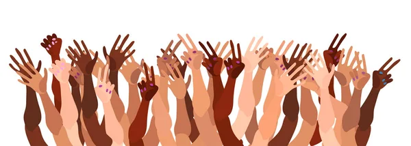 Εικονογράφηση μιας ομάδας χεριών με διαφορετικό χρώμα δέρματος μαζί. Διαφορετικό πλήθος, φυλετική ισότητα, φεμινισμός, ανοχή διάνυσμα τέχνης σε minimal επίπεδο στυλ. — Διανυσματικό Αρχείο