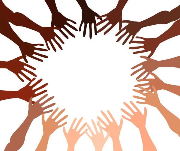Illustrazione di un gruppo di mani della gente con colore della pelle diverso insieme. Diversi folla, uguaglianza di razza, arte vettoriale di comunicazione in stile minimale piatto . — Vettoriale Stock