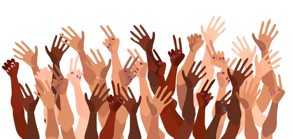 Ilustracja grupy rąk o różnym kolorze skóry razem. Różnorodny tłum, równość rasowa, feminizm, tolerancja sztuka wektorowa w minimalnym płaskim stylu. — Wektor stockowy