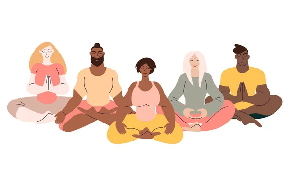 Düz stil çizgi film karakteri. Yoga pozisyonunda meditasyon yapan bir grup insan. Sağlık, refah, egzersiz, stres atma konsepti. Asgari vektör illüstrasyonu.