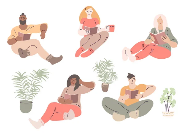 Piso escandinavo estilo de dibujos animados lindo personaje conjunto, diversas personas leyendo cómodamente rodeado de plantas. Ilustración mínima del vector . — Archivo Imágenes Vectoriales