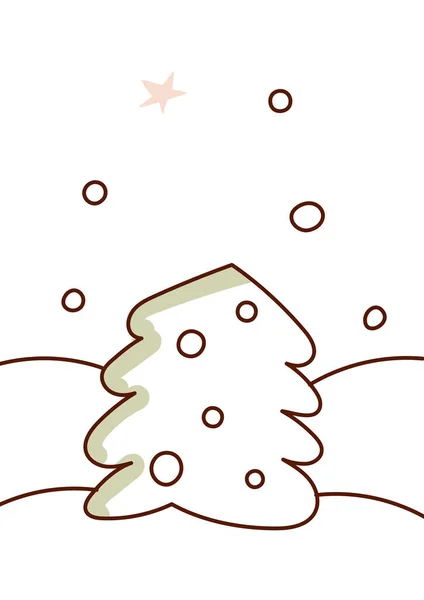 Minimale stijl met de hand getrokken kunst van cartoon schattige boom omgeven door vallende sneeuw. Vector illustratie Kerstkaart. — Stockvector