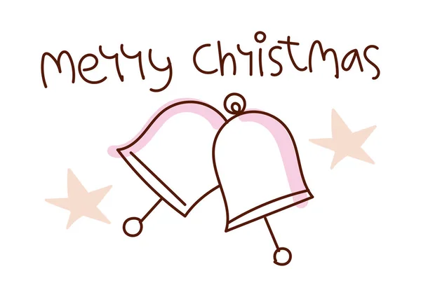 Minimaler Stil handgezeichnete Kunst von Cartoon niedlichen Katzenglocken und handgeschriebene Phrase Merry Christmas. Vektor-Illustration für Karte. — Stockvektor