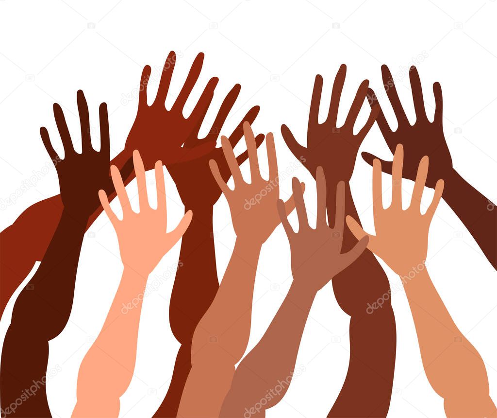 Illustration of a group of people's hands with different skin color together. Diverse crowd, race equality, communication vector art in minimal flat style.
