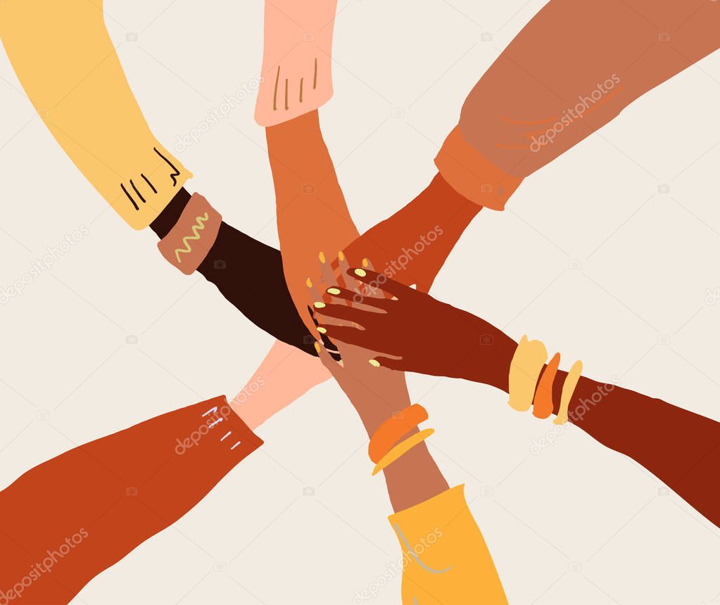 llustration of a people's hands with different skin color together holding each other. Race equality, feminism, tolerance art in minimal style.