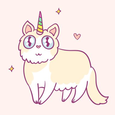 Sevimli çizgi film karakteri kedi tek boynuzlu at, komik sihirli el çizimi vektör çizimi. Tee, kart yazdırma grafik sanatı.