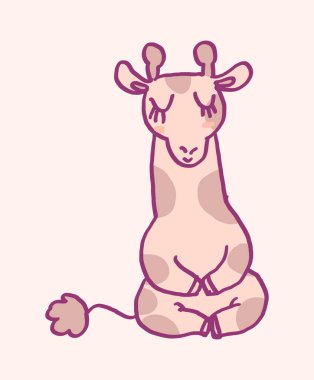 Tatlı çizgi film karakteri zürafası meditasyon yapıyor, komik vektör çizimi. Tee kart yazdırma grafik sanatı.