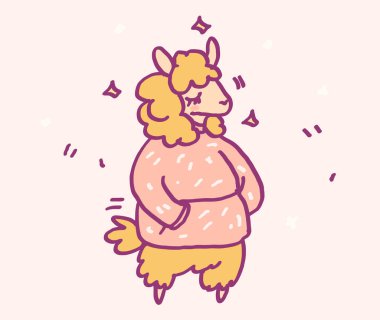 Sıcak kış kıyafetleri içinde sevimli çizgi film karakteri lama, komik vektör çizimi. Tee kart yazdırma grafik sanatı.