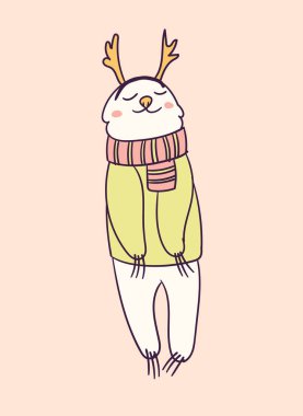 Noel süveteri ve geyik boynuzu giymiş şirin çizgi film karakteri tembelliği, komik vektör çizimi. Tişört baskısı grafik sanatı.