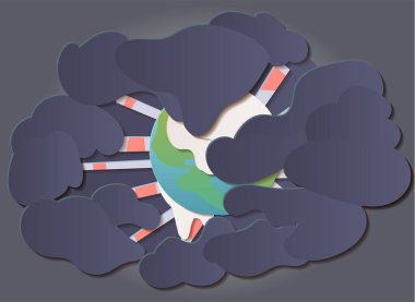 Grobal Isınma, iklim değişikliği konsepti çizim şablonu. Dünya gezegeni kirlilikle çevrili, buzlar eriyor. Kağıt kesimi düz biçim vektör sanatı.