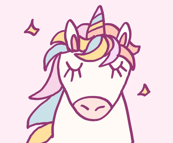 Lindo personaje de dibujos animados unicornio con pelo de arco iris y estrellas, divertida ilustración vectorial mágica dibujada a mano. Arte gráfico para imprimir en camiseta, tarjeta . — Vector de stock