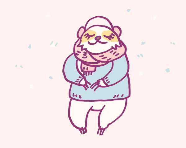 Bonito personagem de desenho animado preguiça em roupas quentes de inverno, ilustração vetor engraçado. Tee cartão imprimir arte gráfica . — Vetor de Stock
