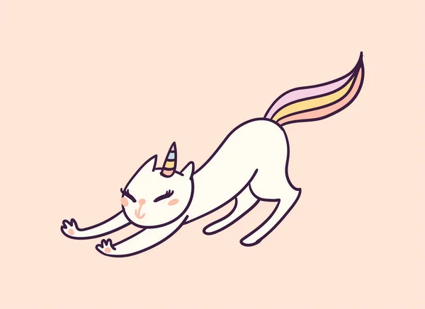 Lindo personaje de dibujos animados gato unicornio, ilustración vector divertido. Camiseta imprimir arte gráfico . — Vector de stock