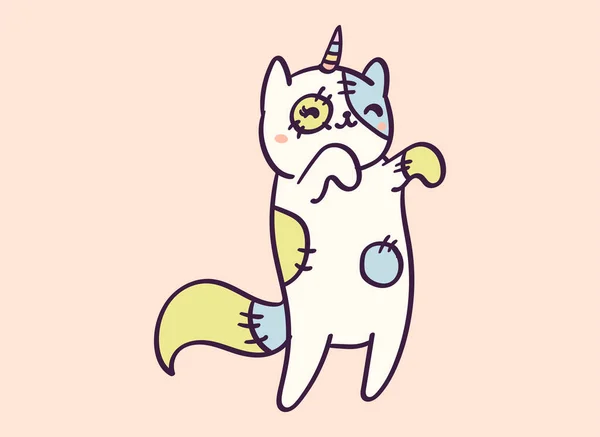 Lindo personaje de dibujos animados gato unicornio vestido de zombie para Halloween, ilustración vector divertido. Camiseta imprimir arte gráfico . — Vector de stock