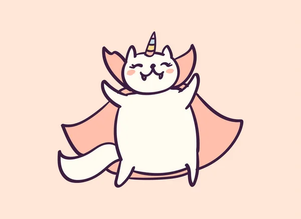 Lindo personaje de dibujos animados gato unicornio vestido como vampiro para Halloween, ilustración vectorial divertido. Camiseta imprimir arte gráfico . — Vector de stock