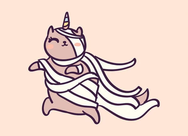 Lindo personaje de dibujos animados gato unicornio vestido como momia para Halloween, ilustración vectorial divertido. Camiseta imprimir arte gráfico . — Archivo Imágenes Vectoriales