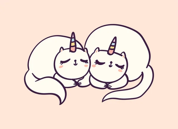 Cute karakter kartun dua kucing unicorn tidur, vektor lucu ilustrasi terisolasi pada putih . - Stok Vektor