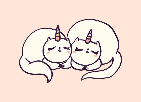 Lindo personaje de dibujos animados dos unicornios gato durmiendo, ilustración vector divertido aislado en blanco . — Archivo Imágenes Vectoriales