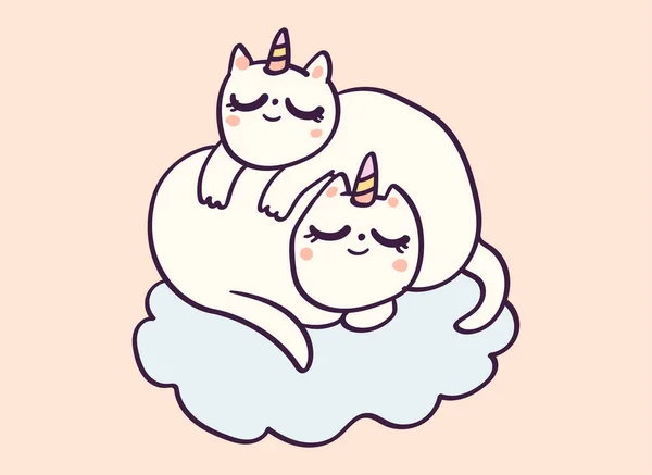 Lindo personaje de dibujos animados gato unicornios durmiendo en la nube, ilustración vector divertido aislado en blanco . — Archivo Imágenes Vectoriales