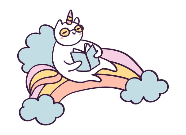 Lindo personaje de dibujos animados gato unicornio leyendo un libro, ilustración vectorial divertido aislado en blanco . — Vector de stock