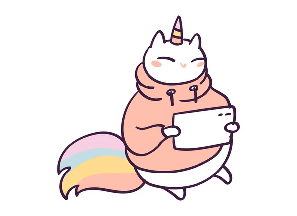 Lindo personaje de dibujos animados gato unicornio lectura en la tableta, ilustración vectorial divertido aislado en blanco . — Archivo Imágenes Vectoriales