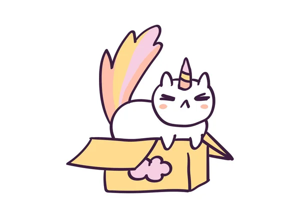 Lindo personaje de dibujos animados gato unicornio sentado en caja de cartón, ilustración vector divertido aislado en blanco . — Archivo Imágenes Vectoriales