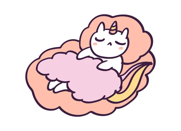 Lindo personaje de dibujos animados gato unicornio durmiendo en las nubes, ilustración vector divertido aislado en blanco . — Vector de stock