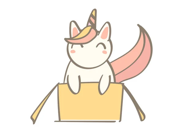 Linda mano dibujado garabato vector de un unicornio gato sentado en una caja. Arte de estilo cómics, impresión de camiseta . — Archivo Imágenes Vectoriales