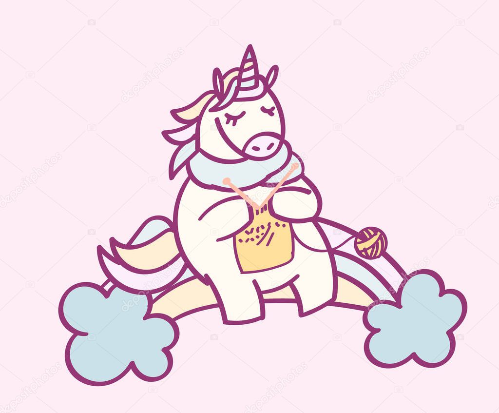 Cute cartoon character unicorn with rainbow hair knitting, funny magical hand drawn vector illustration. Graphics art for print on t shirt, card.