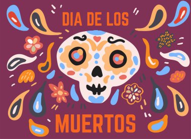 Dia de los muertos kutlama kartı, şirin karikatür Calavera şeker kafatasları, geleneksel tarzda çizilmiş çiçekler. Metin Çevirisi: Ölülerin Günü.