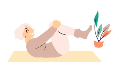 Düz stil sevimli çizgi film karakteri, yaşlı orta yaşlı kadın ev bitkileriyle çevrili minderde yoga yapıyor. Sağlık, refah, egzersiz konsepti. Minimalist vektör illüstrasyonu.