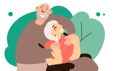 Düz stil sevimli çizgi film karakteri, Kafkasyalı yaşlı bir çift arkadaş aile kucaklaşması. Tekerlekli sandalye, dikkat. El çizimi vektör illüstrasyonu.