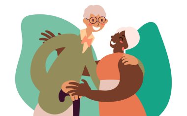 Düz stil şirin çizgi film karakteri, Afro-Amerikan ve Kafkasyalı yaşlı çift arkadaş aile kucaklaşması. Baston kullanarak. El çizimi vektör illüstrasyonu.