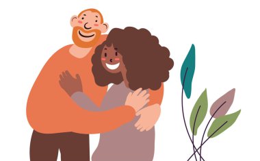 Düz stil çizgi film karakteri, Afro-Amerikan ve beyaz yetişkin çiftler kucaklaşır. El çizimi vektör illüstrasyonu.