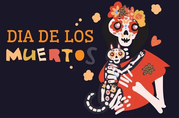 Dia Los Muertos 고양이를 전통적 스타일로 귀여운 행사를 가졌다 사람들의 — 스톡 벡터