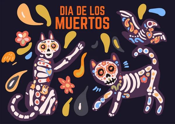 Dia Los Muertos 귀여운 고양이와 라베라 Sugar Skull Calavera 그려진 — 스톡 벡터