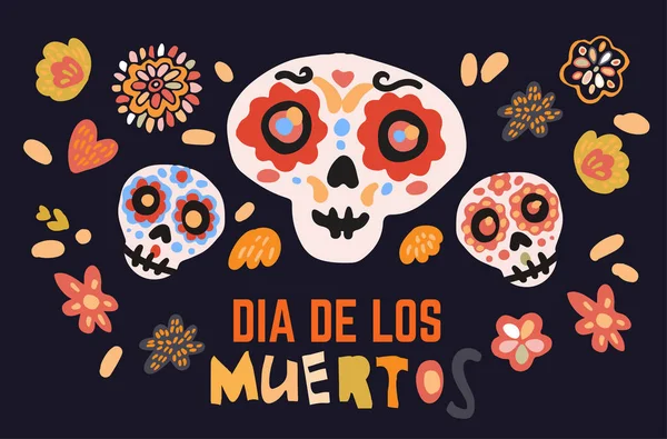 Dia Los Muertos 만화의 아름다운 전통적 스타일로 꽃으로 카드를 사람들의 — 스톡 벡터