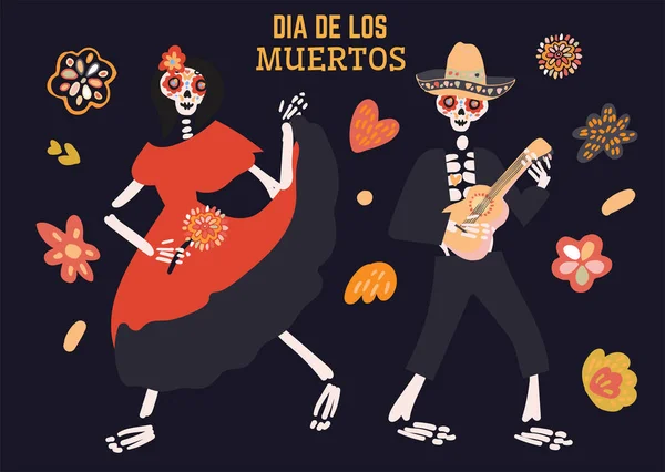 Dia Los Muertos 카드에는 귀여운 해골이 춤추고 음악을 연주하고 전통적 — 스톡 벡터