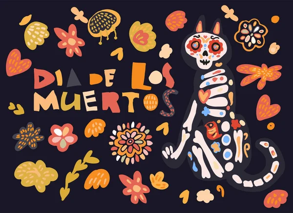 Dia Los Muertos Cartão Celebração Com Bonito Desenho Animado Gato —  Vetores de Stock
