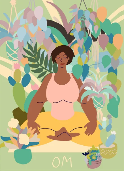 Platte Stijl Cartoon Schattig Karakter Afrikaanse Amerikaanse Vrouw Doen Meditatie — Stockvector