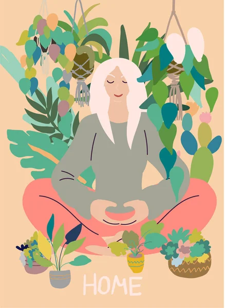 Platte Stijl Cartoon Schattig Karakter Vrouw Doet Meditatie Yoga Pose — Stockvector