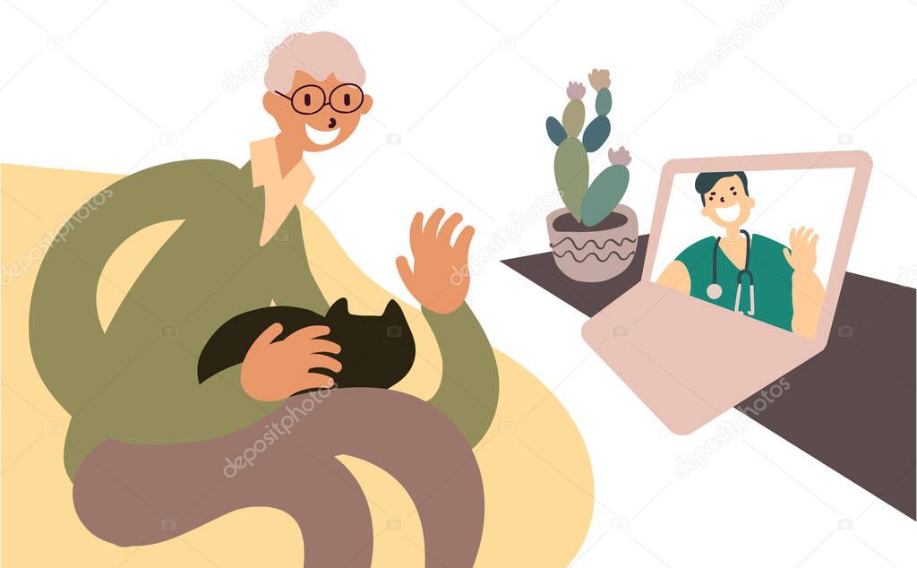 Flat style cartoon cute character, elderly middle aged man getting medical advice from a doctor using video call on laptop. Technology, healthcare. Hand drawn vector illustration.